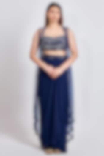 Navy Blue Imported Georgette Draped Skirt Set by MeenaGurnam at Pernia's Pop Up Shop