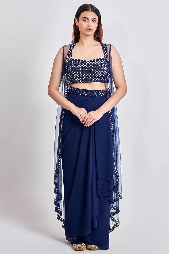 Navy Blue Imported Georgette Draped Skirt Set by MeenaGurnam at Pernia's Pop Up Shop