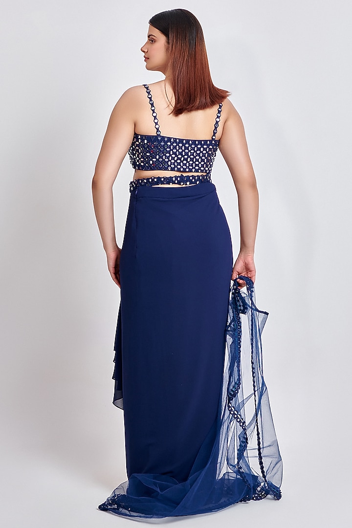 Navy Blue Imported Georgette Draped Skirt Set by MeenaGurnam at Pernia's Pop Up Shop