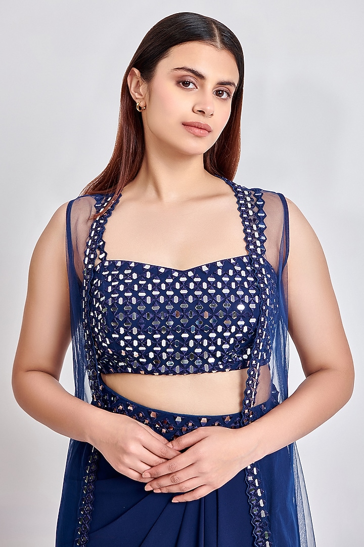 Navy Blue Imported Georgette Draped Skirt Set by MeenaGurnam at Pernia's Pop Up Shop