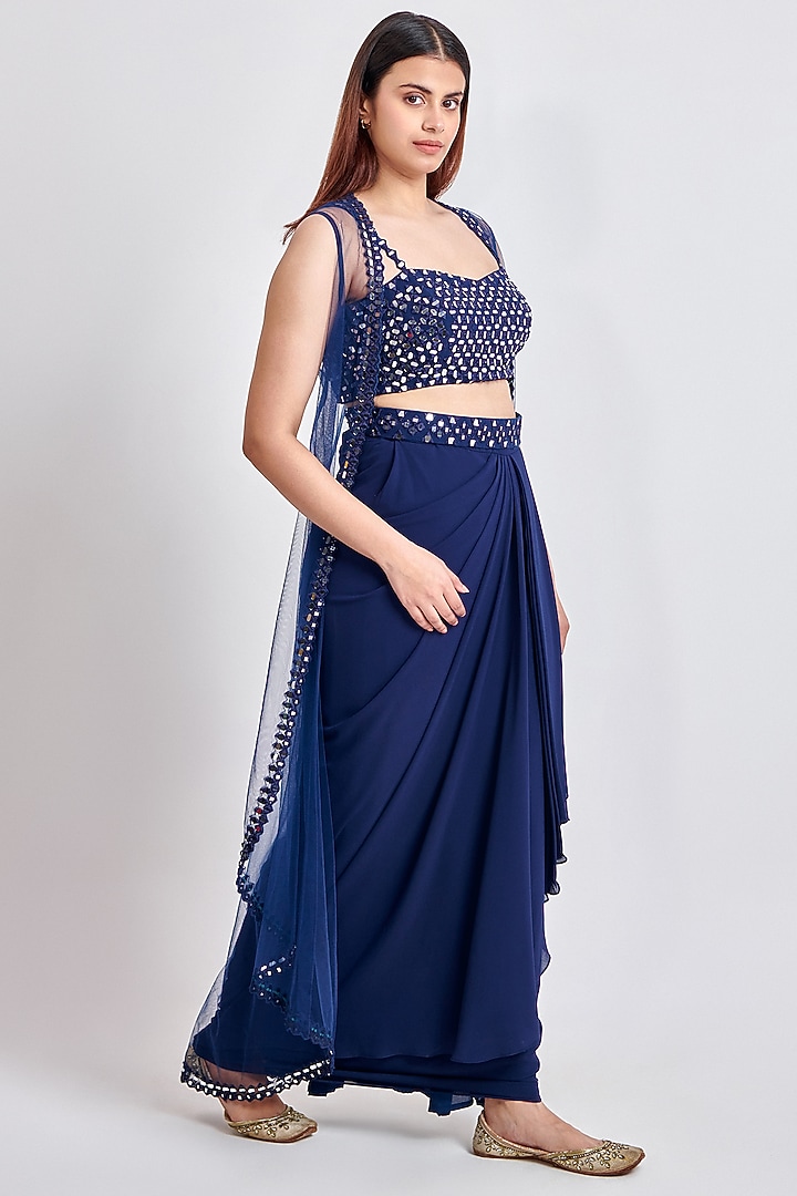 Navy Blue Imported Georgette Draped Skirt Set by MeenaGurnam at Pernia's Pop Up Shop