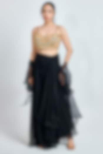 Black Fox Georgette Draped Skirt Set by MeenaGurnam at Pernia's Pop Up Shop