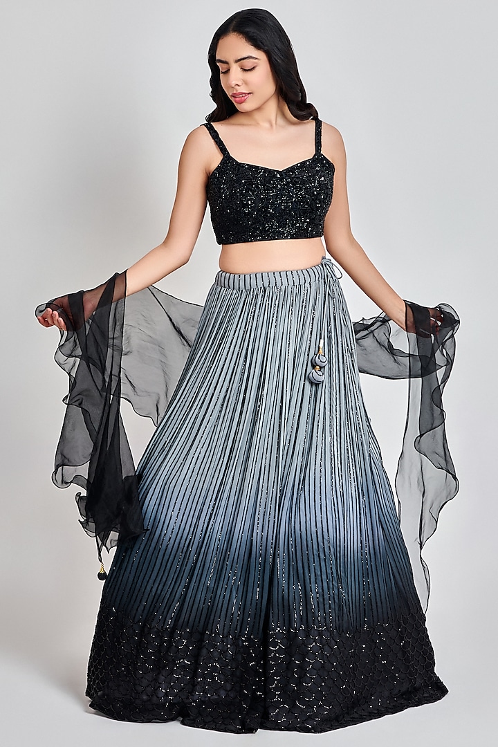 Black Viscose Ombre Georgette Sequins Work Wedding Lehenga Set by MeenaGurnam at Pernia's Pop Up Shop