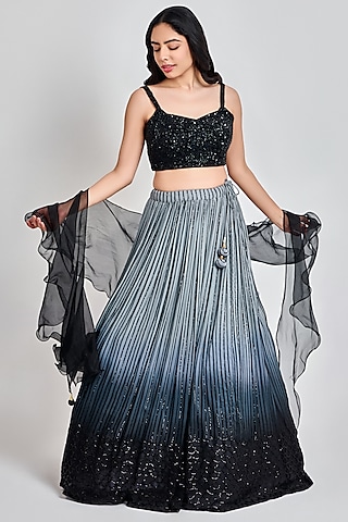 Black Viscose Ombre Georgette Sequins Work Lehenga Set by MeenaGurnam