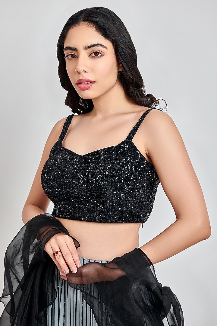 Black Viscose Ombre Georgette Sequins Work Wedding Lehenga Set by MeenaGurnam at Pernia's Pop Up Shop