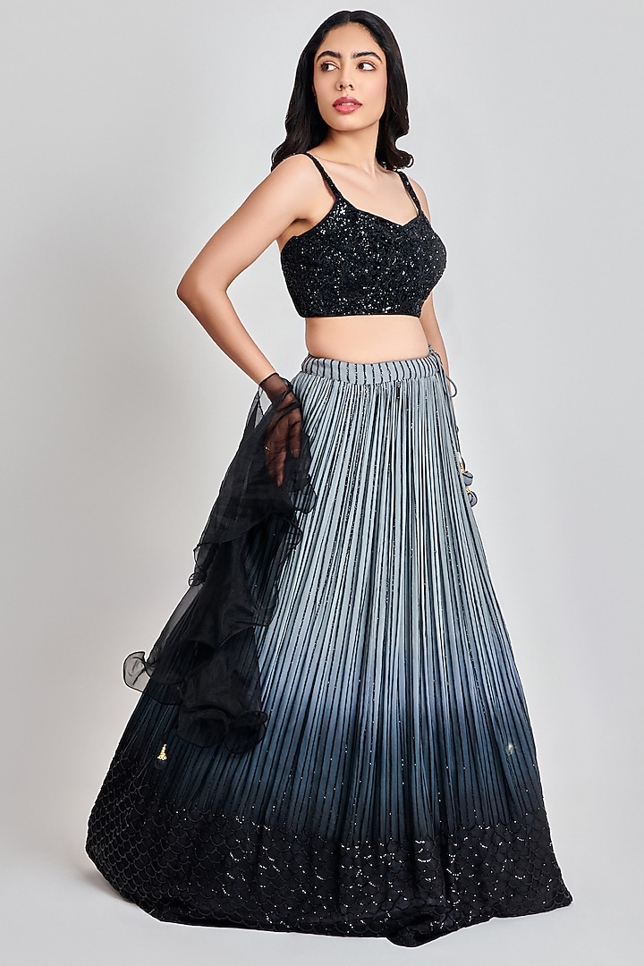 Black Viscose Ombre Georgette Sequins Work Wedding Lehenga Set by MeenaGurnam at Pernia's Pop Up Shop