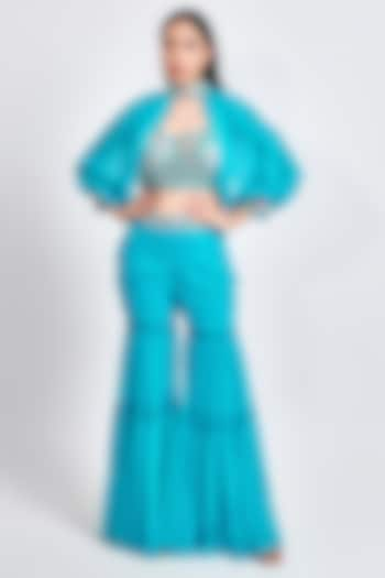 Turquoise Georgette Sharara Set by MeenaGurnam