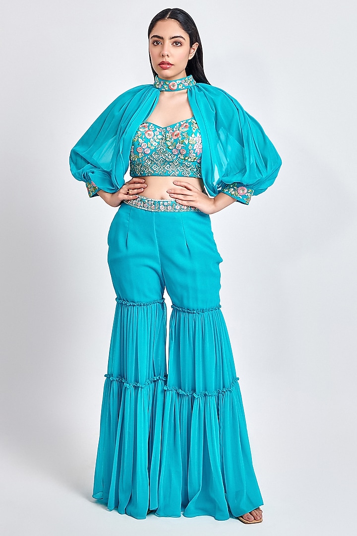 Turquoise Georgette Sharara Set by MeenaGurnam at Pernia's Pop Up Shop