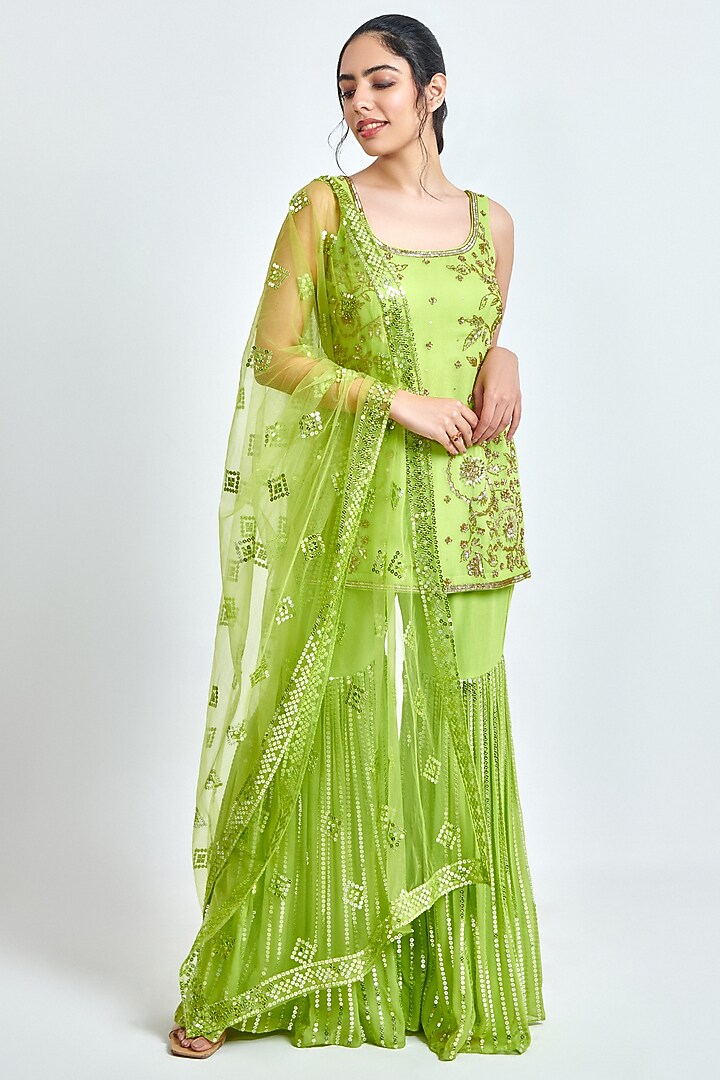 Green Viscose Georgette Wedding Sharara Set by MeenaGurnam at Pernia's Pop Up Shop