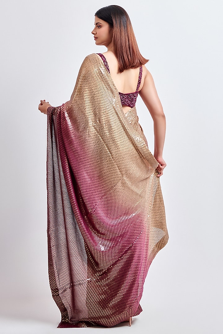 Gold & Plum Sequins Georgette Ombre Dyed Wedding Saree Set by MeenaGurnam at Pernia's Pop Up Shop