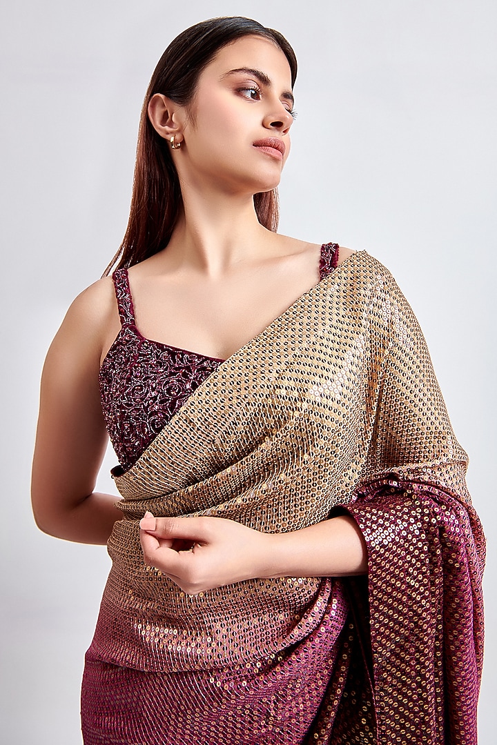 Gold & Plum Sequins Georgette Ombre Dyed Wedding Saree Set by MeenaGurnam at Pernia's Pop Up Shop