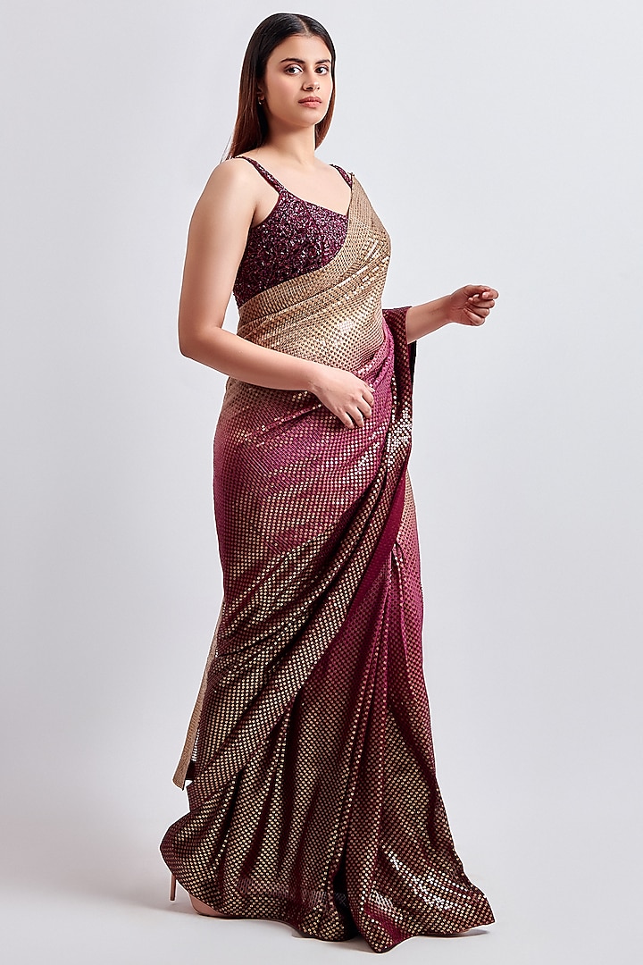 Gold & Plum Sequins Georgette Ombre Dyed Wedding Saree Set by MeenaGurnam at Pernia's Pop Up Shop