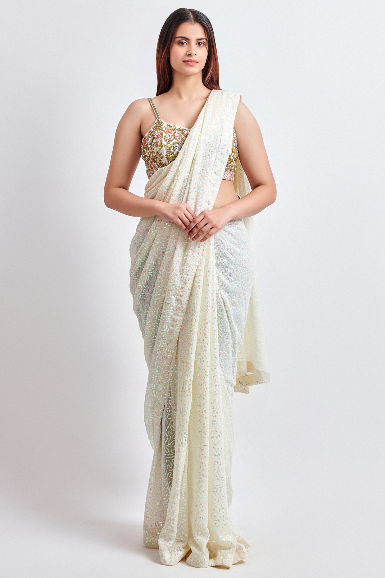Ivory Sequins Georgette Party Wear Saree Set by MeenaGurnam at Pernia's Pop Up Shop