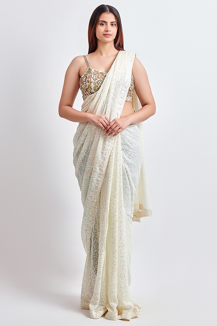 Ivory Sequins Georgette Party Wear Saree Set by MeenaGurnam at Pernia's Pop Up Shop