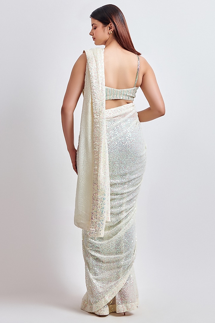Ivory Sequins Georgette Wedding Saree Set by MeenaGurnam at Pernia's Pop Up Shop