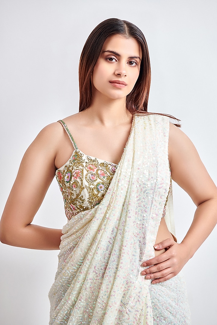 Ivory Sequins Georgette Wedding Saree Set by MeenaGurnam at Pernia's Pop Up Shop