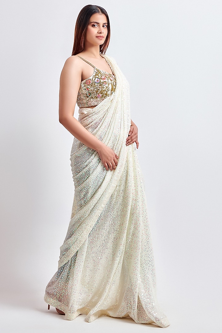 Ivory Sequins Georgette Wedding Saree Set by MeenaGurnam at Pernia's Pop Up Shop
