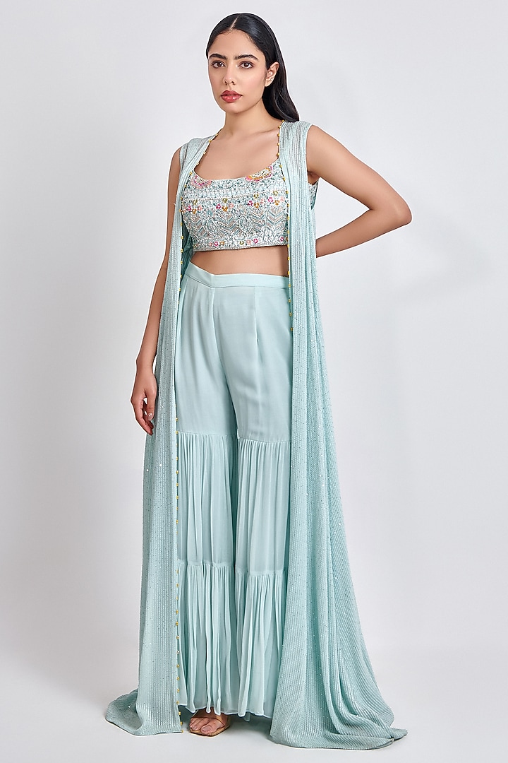 Ice Blue Georgette Party Wear Sharara Set by MeenaGurnam at Pernia's Pop Up Shop