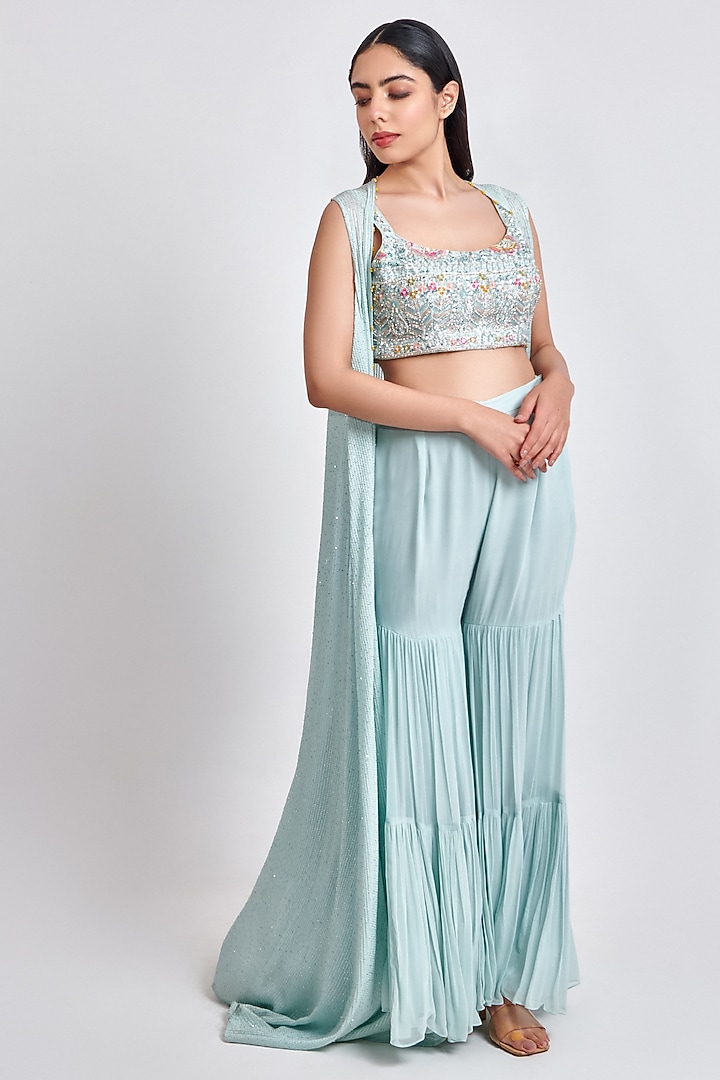 Ice Blue Georgette Party Wear Sharara Set by MeenaGurnam at Pernia's Pop Up Shop