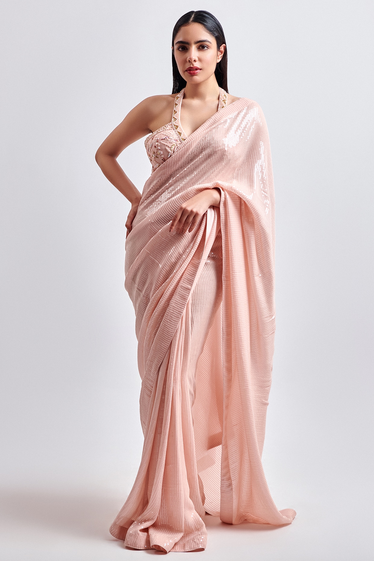 Pale Peach Banarasi Pure Georgette Gota Embroidered Saree –