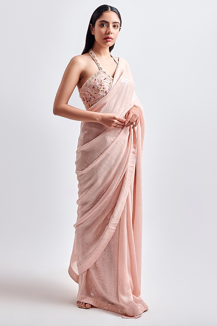 Blush Peach Sequins Georgette Wedding Saree Set by MeenaGurnam at Pernia's Pop Up Shop