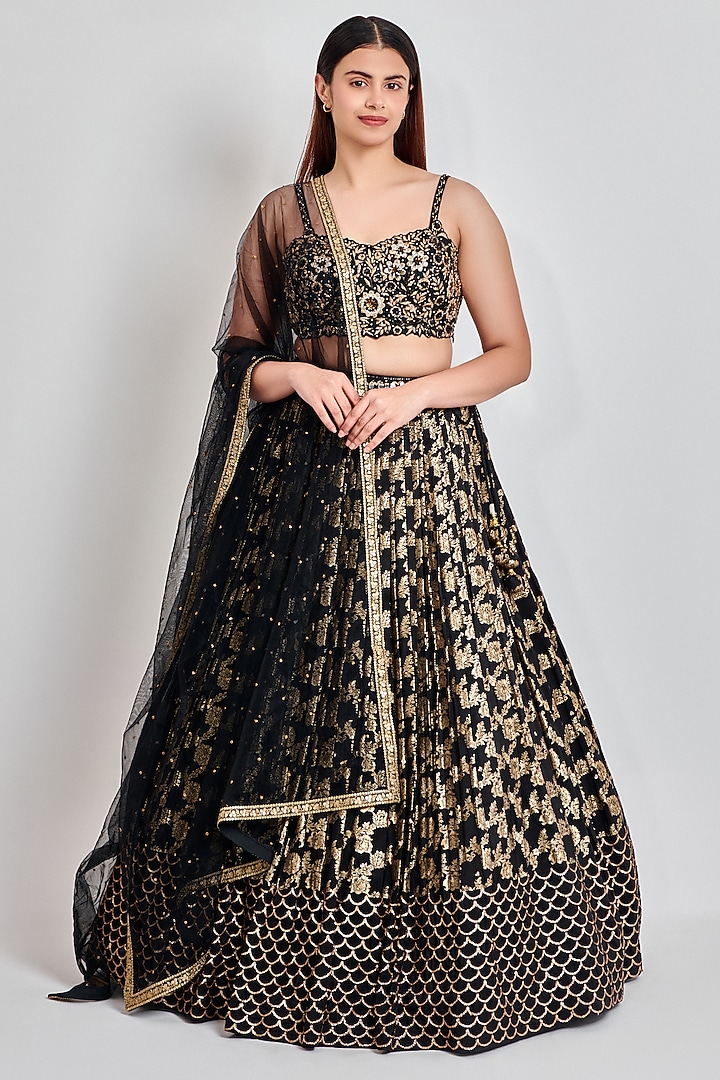 Black Jacquard Embroidered Wedding Lehenga Set by MeenaGurnam at Pernia's Pop Up Shop
