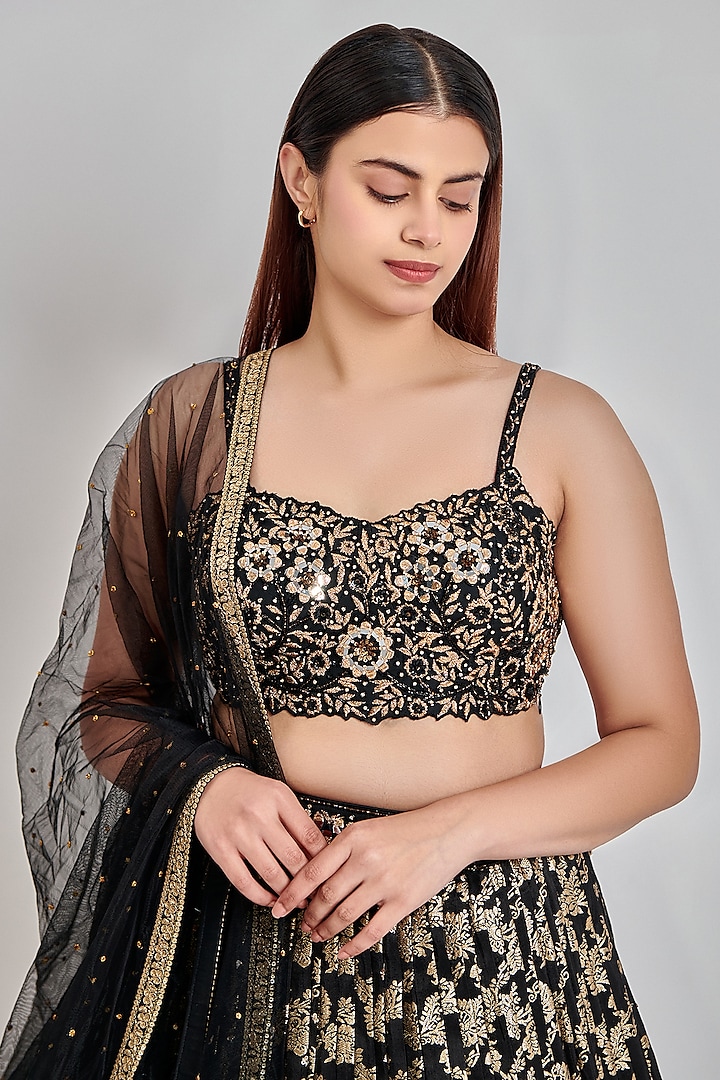 Black Jacquard Embroidered Wedding Lehenga Set by MeenaGurnam at Pernia's Pop Up Shop