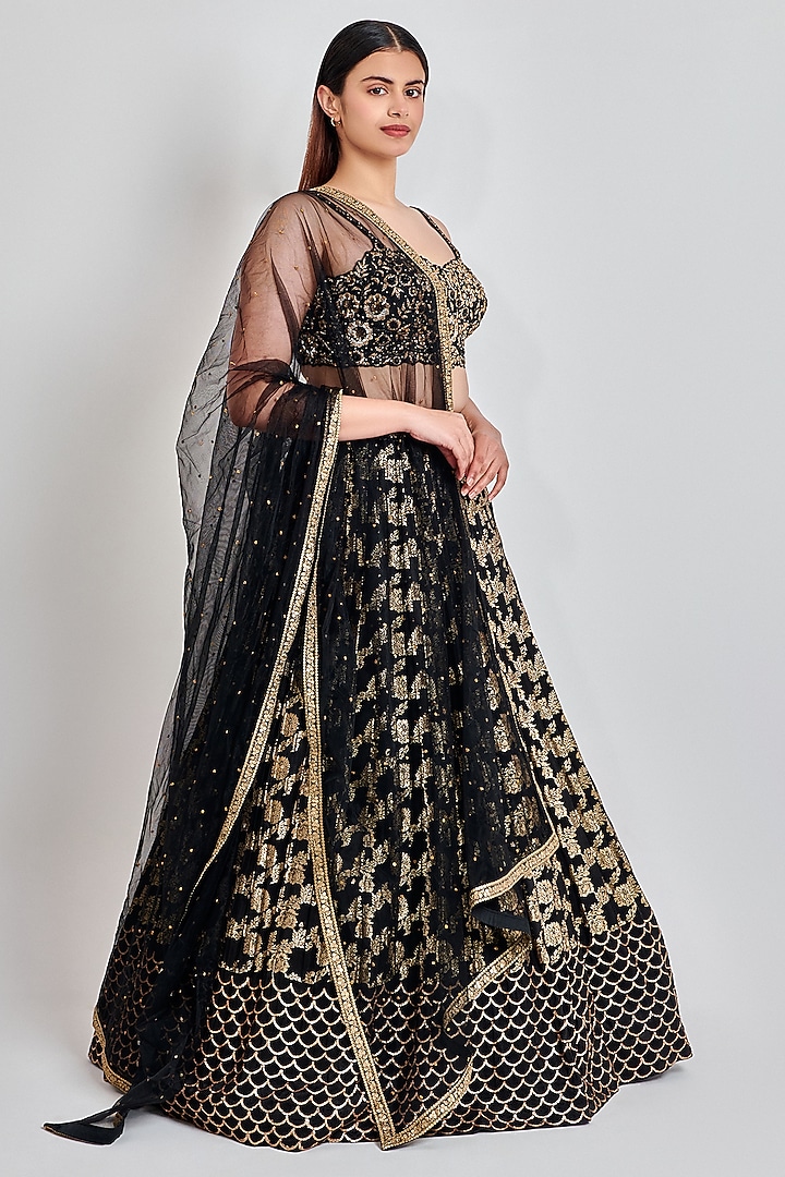 Black Jacquard Embroidered Wedding Lehenga Set by MeenaGurnam at Pernia's Pop Up Shop