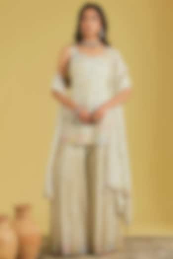 Beige Tissue Embroidered Gharara Set by MeenaGurnam at Pernia's Pop Up Shop