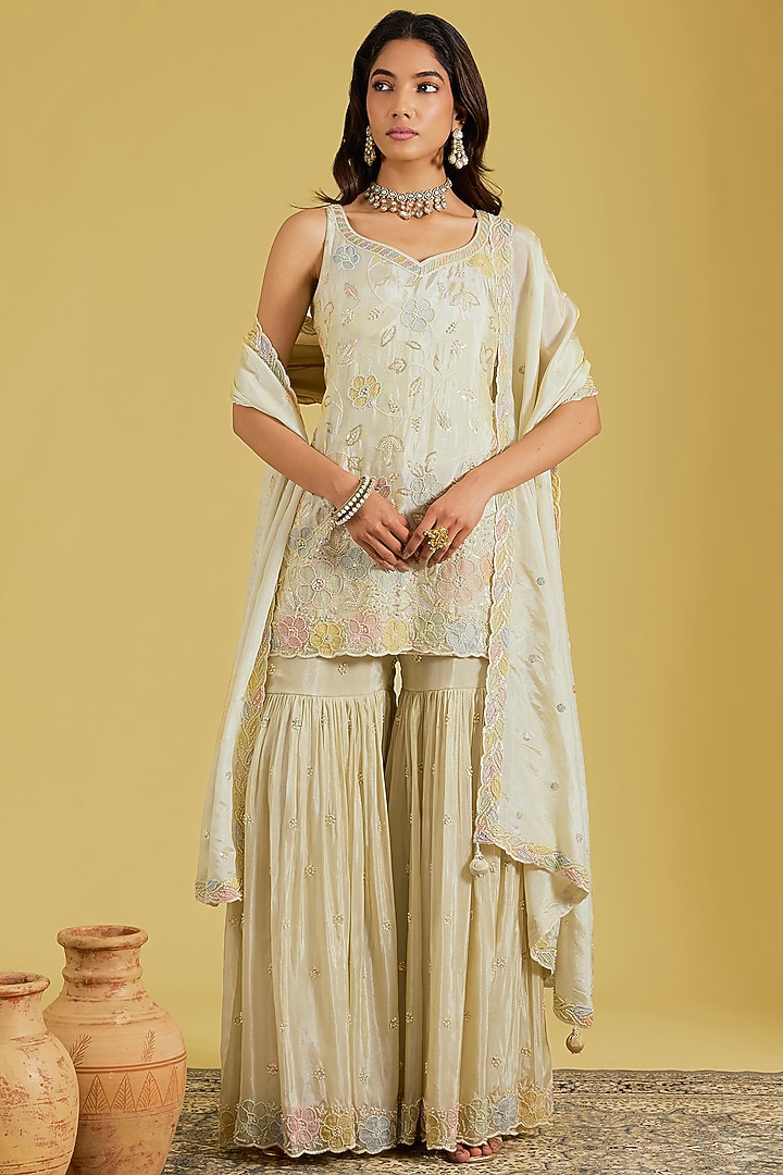 Beige Tissue Embroidered Gharara Set by MeenaGurnam at Pernia's Pop Up Shop