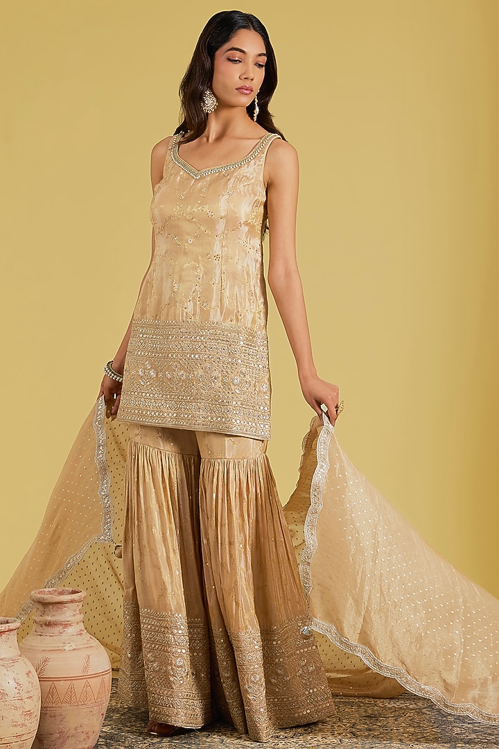 Peach Tissue Embroidered Gharara Set by MeenaGurnam at Pernia's Pop Up Shop