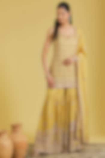 Mustard Tissue Embroidered Gharara Set by MeenaGurnam at Pernia's Pop Up Shop