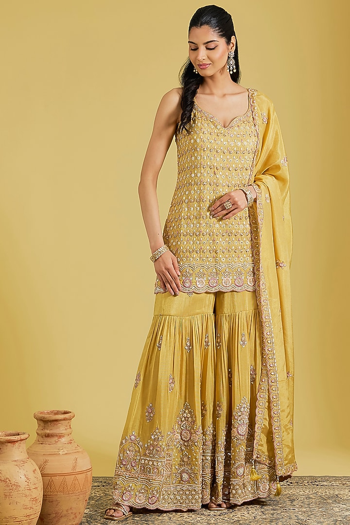 Mustard Tissue Embroidered Gharara Set by MeenaGurnam at Pernia's Pop Up Shop