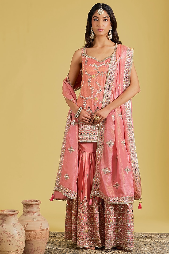 Carrot-Colored Tissue Embroidered Gharara Set by MeenaGurnam at Pernia's Pop Up Shop