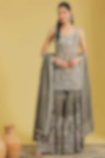Mouse-Colored Tissue Embroidered Gharara Set by MeenaGurnam at Pernia's Pop Up Shop