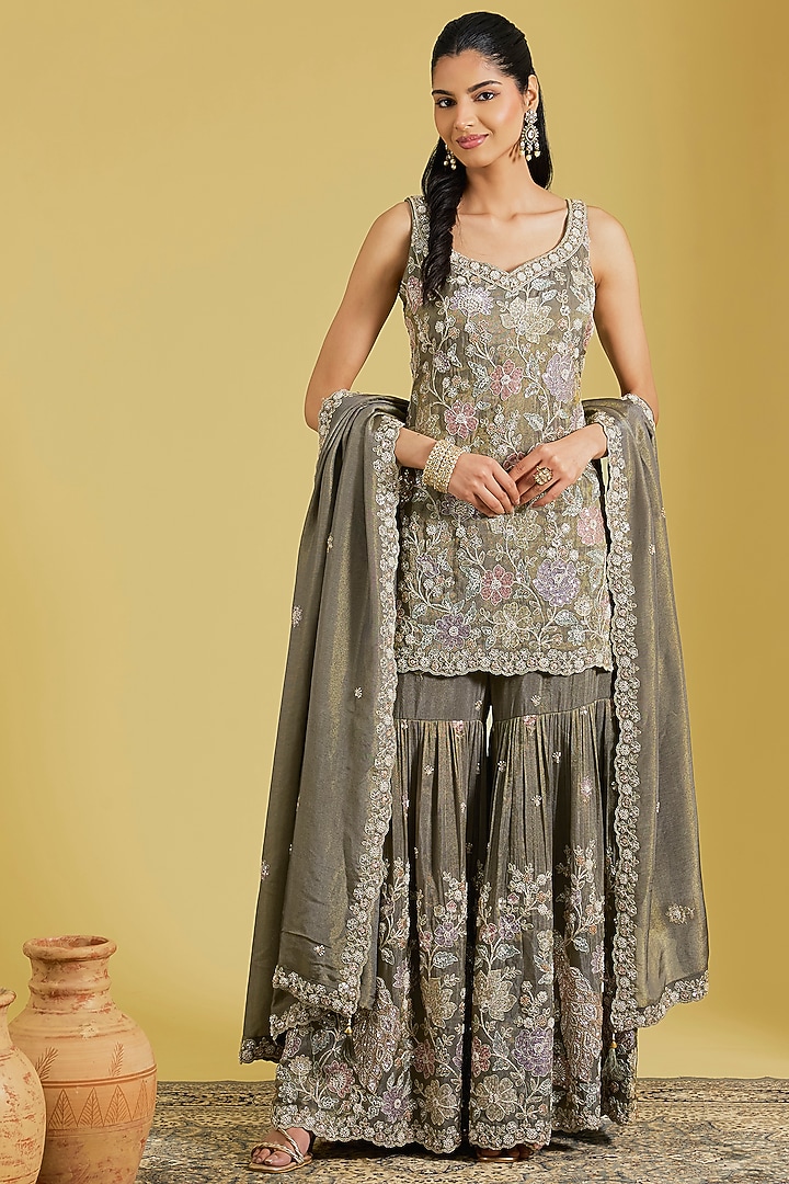 Mouse-Colored Tissue Embroidered Gharara Set by MeenaGurnam at Pernia's Pop Up Shop