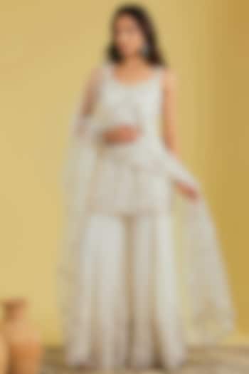 Ivory Net & Georgette Embroidered Wedding Sharara Set by MeenaGurnam at Pernia's Pop Up Shop