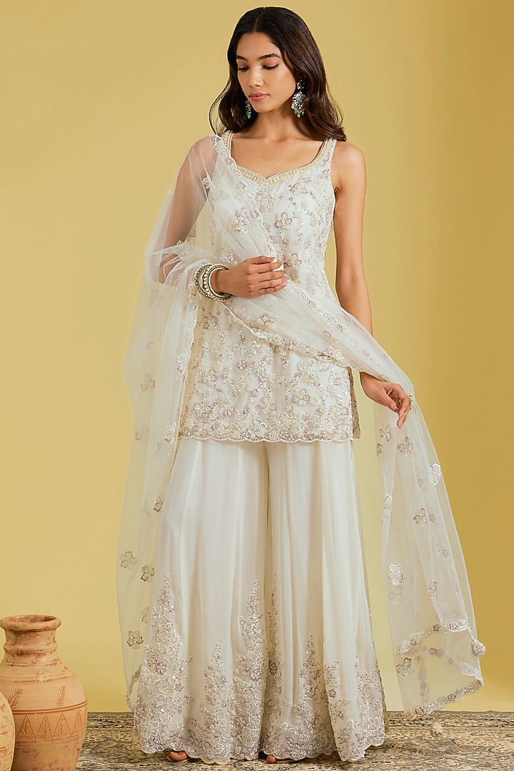 Ivory Net & Georgette Embroidered Wedding Sharara Set by MeenaGurnam at Pernia's Pop Up Shop