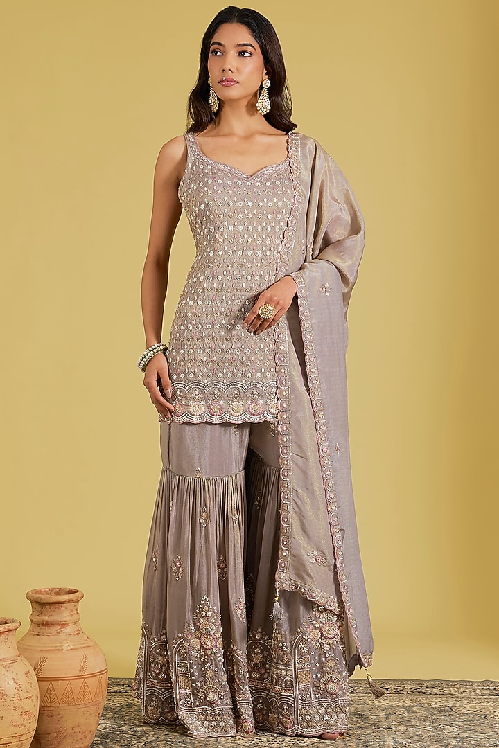 Grey Tissue Embroidered Gharara Set by MeenaGurnam at Pernia's Pop Up Shop