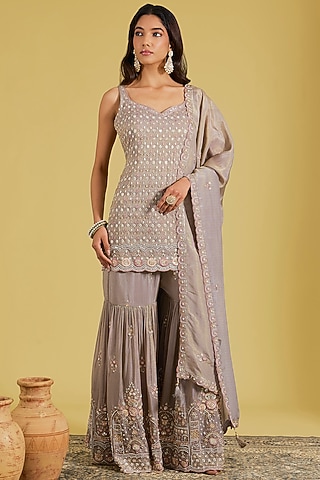 Grey Tissue Embroidered Gharara Set by MeenaGurnam