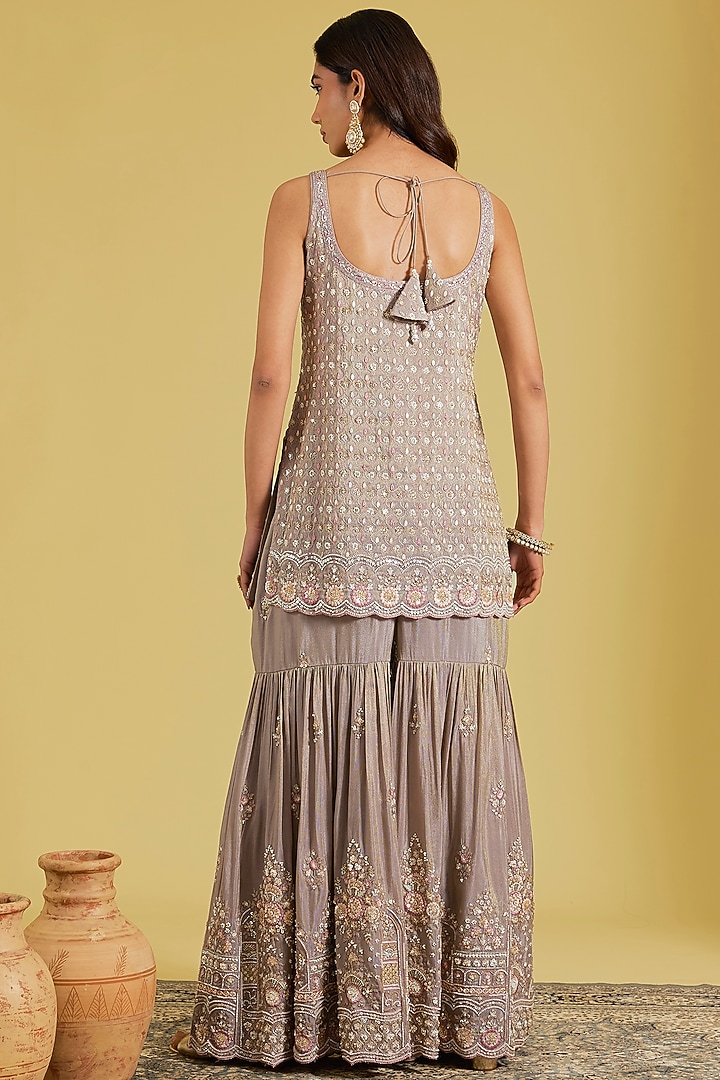 Grey Tissue Embroidered Gharara Set by MeenaGurnam at Pernia's Pop Up Shop