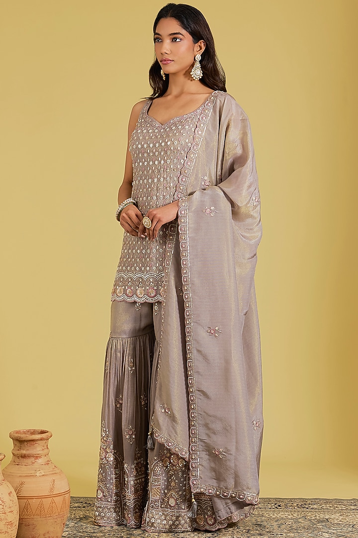 Grey Tissue Embroidered Gharara Set by MeenaGurnam at Pernia's Pop Up Shop