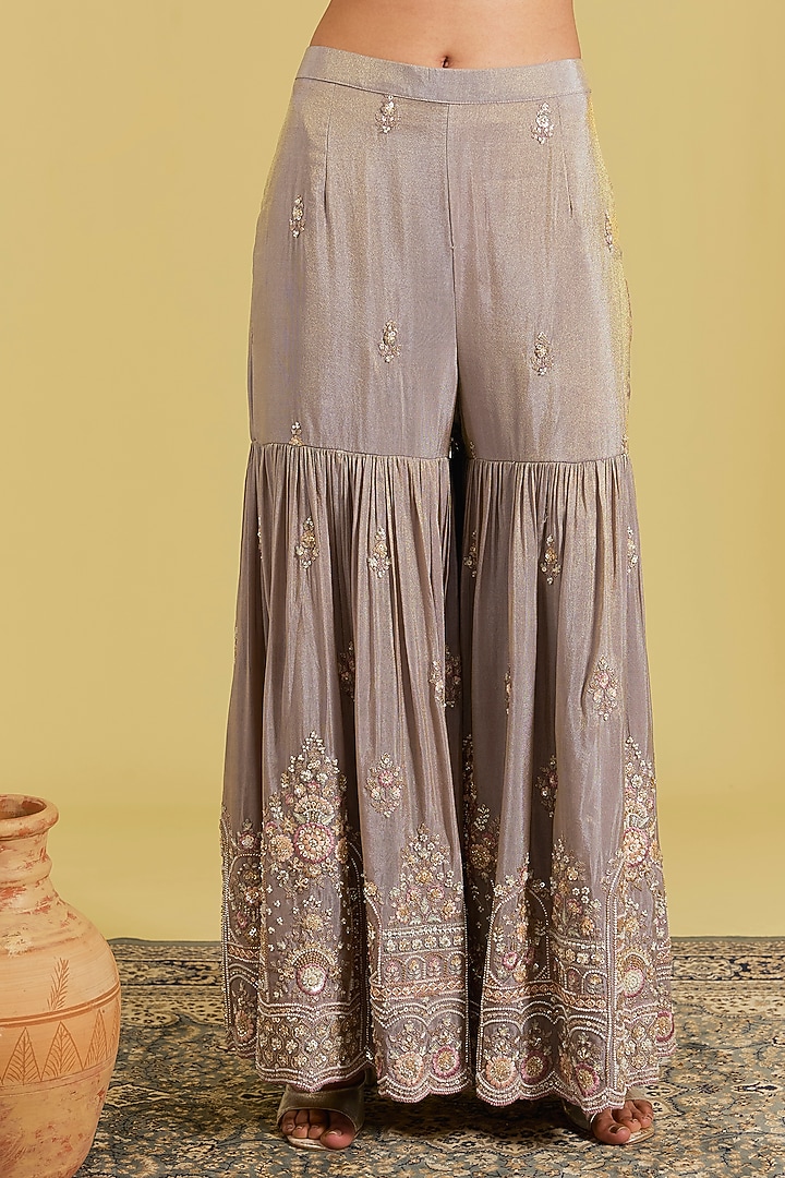 Grey Tissue Embroidered Gharara Set by MeenaGurnam at Pernia's Pop Up Shop