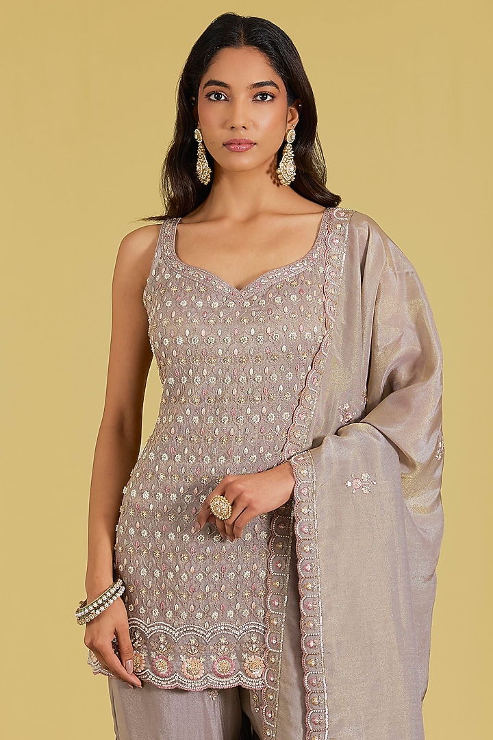 Grey Tissue Embroidered Gharara Set by MeenaGurnam at Pernia's Pop Up Shop