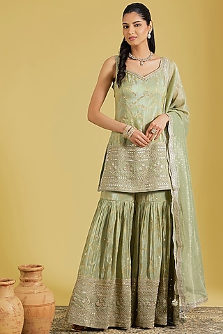 Pista Tissue Embroidered Gharara Set by MeenaGurnam