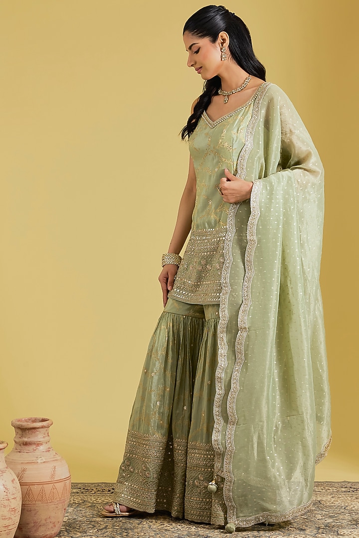 Pista Tissue Embroidered Gharara Set by MeenaGurnam at Pernia's Pop Up Shop