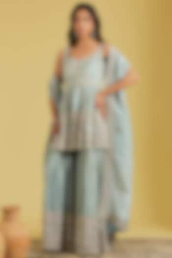 Ice Blue Tissue Embellished Gharara Set by MeenaGurnam at Pernia's Pop Up Shop