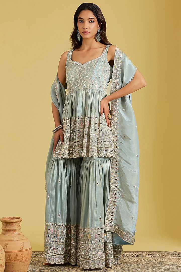 Ice Blue Tissue Embellished Gharara Set by MeenaGurnam at Pernia's Pop Up Shop