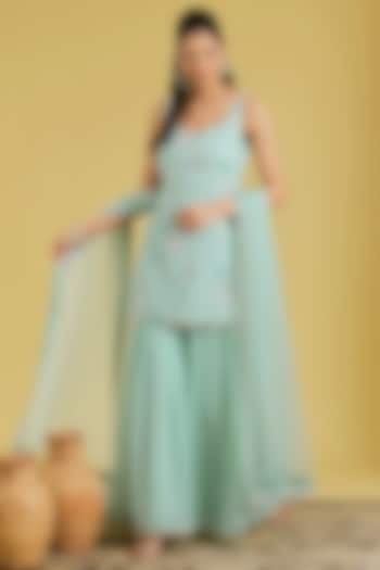 Sea Green Georgette Embroidered Gharara Set by MeenaGurnam at Pernia's Pop Up Shop
