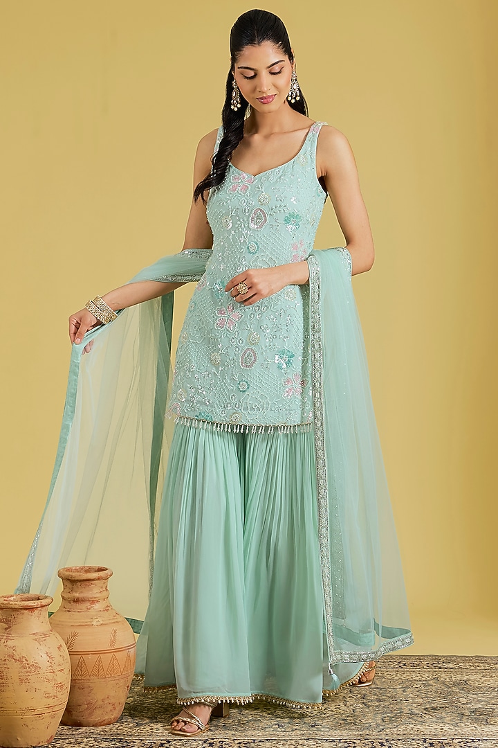 Sea Green Georgette Embroidered Gharara Set by MeenaGurnam at Pernia's Pop Up Shop